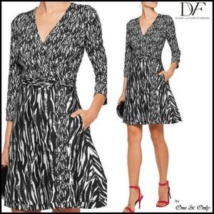 Diane von Furstenberg Amelia Black White Blurred Zebra Long sleeve Wrap Dress 10